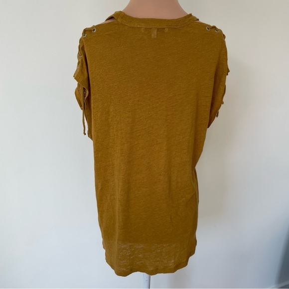 IRO Tobacco Brown Yellow Linen Grommet Lace Up Shoulder Ibex Top EUC Size Small - Picture 5 of 10